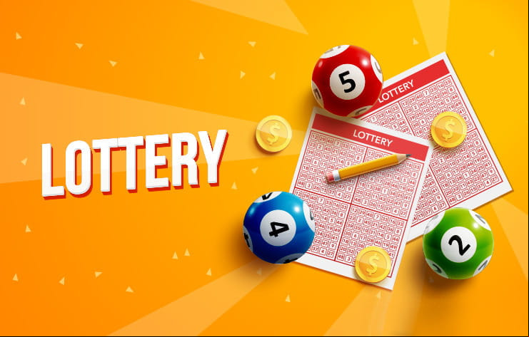 Lottery balls and tickets on a bright yellow background.
